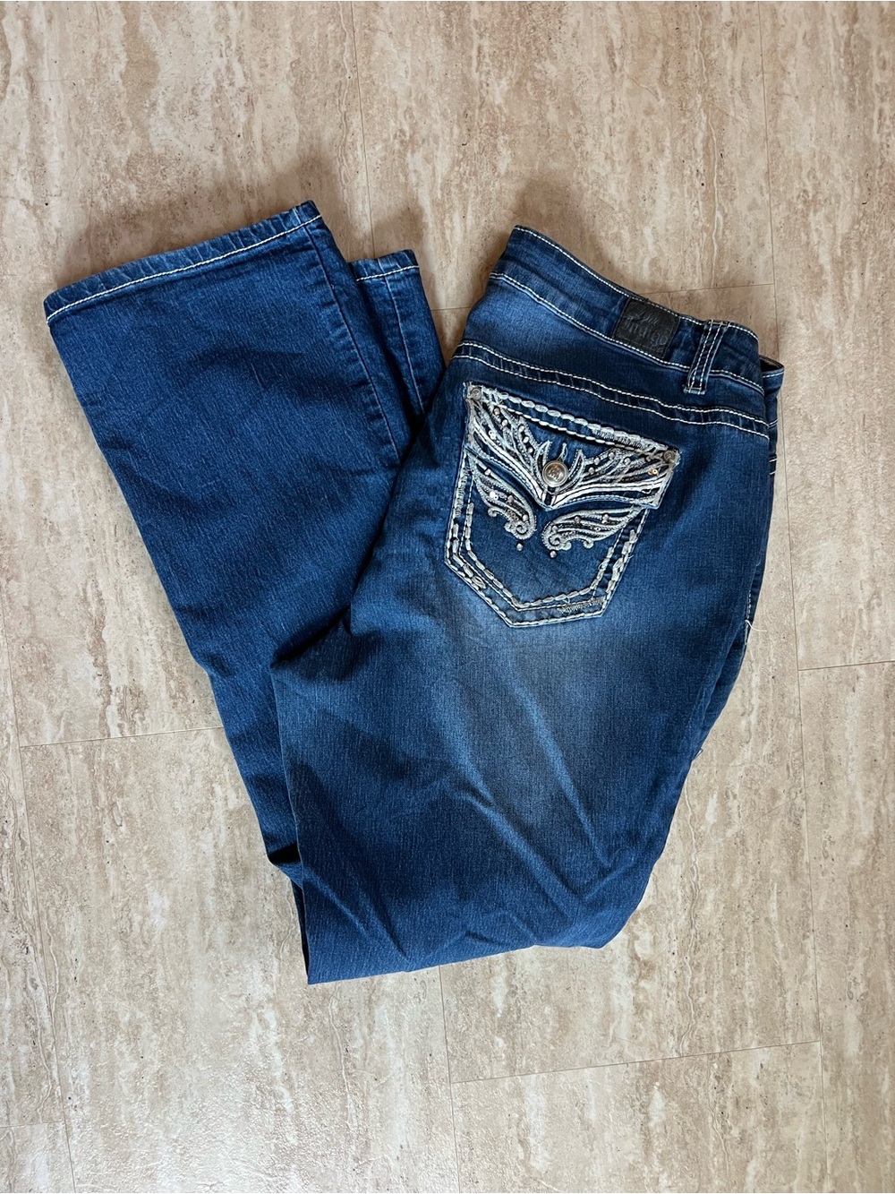 Love Indigo Dark Blue Boot Cut Jeans Angel Wing Embroidered Back Pocket 18